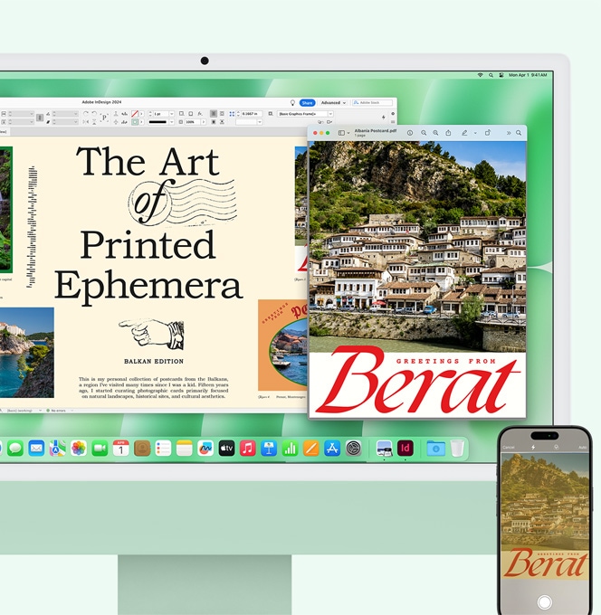 Зелен iMac и iPhone един до друг. Документ, сканиран на iPhone, се появява на екрана на iMac