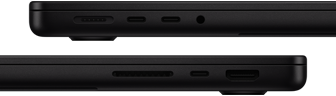 Изглед към портовете на MacBook Pro — лява страна: MagSafe 3, два Thunderbolt порта и жак за слушалки — дясна страна: слот за SDXC карта, един Thunderbolt порт и HDMI