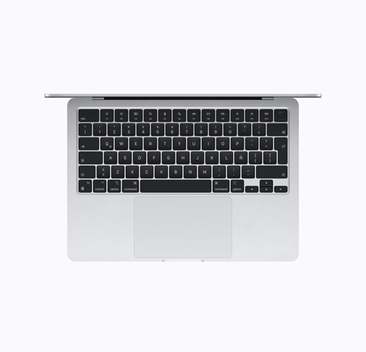 MacBook, color plata, vista desde arriba, abierto