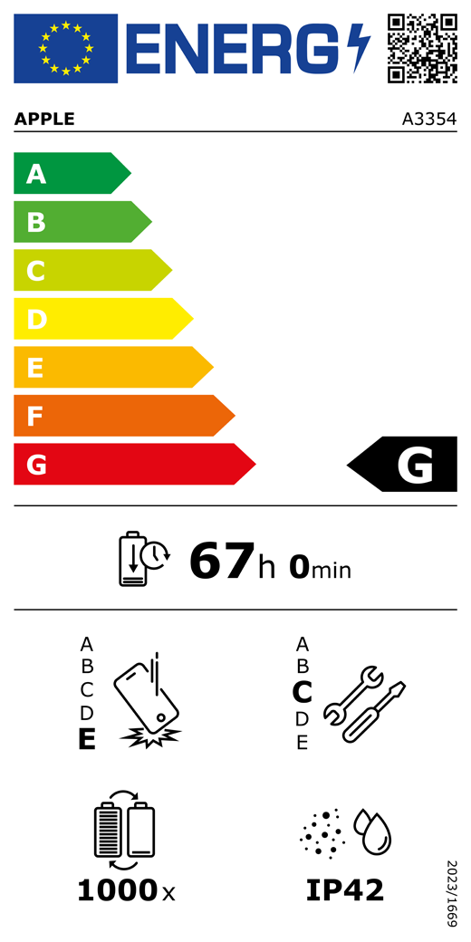 QR kód a informace na energetickém štítku EU, model Apple A3354, třída G, třídy energetické účinnosti (se stupnicí od A do G), A (nejvyšší účinnost) až G (nejnižší účinnost), výdrž baterie na jeden cyklus, 67 hodin a 0 minut na plné nabití baterie, třída spolehlivosti při opakovaném volném pádu E, A (nejvyšší odolnost) až E (nejnižší odolnost), třída opravitelnosti C, A (nejlepší opravitelnost) až E (nejhorší opravitelnost), životnost baterie 1000 cyklů, stupeň ochrany proti vniknutí prachu a vody (IP) IP42, nařízení 2023/1669