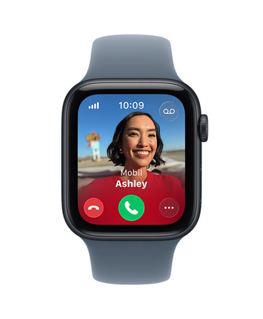 Apple Watch SE 3, Aluminiumgehäuse, Farbe Mitternacht, eingehender Anruf, Kontaktfoto, Tasten zum Annehmen und Ablehnen von Anrufen, rechte Seitenansicht, Digital Crown, Sportarmband, Farbe Maritimblau