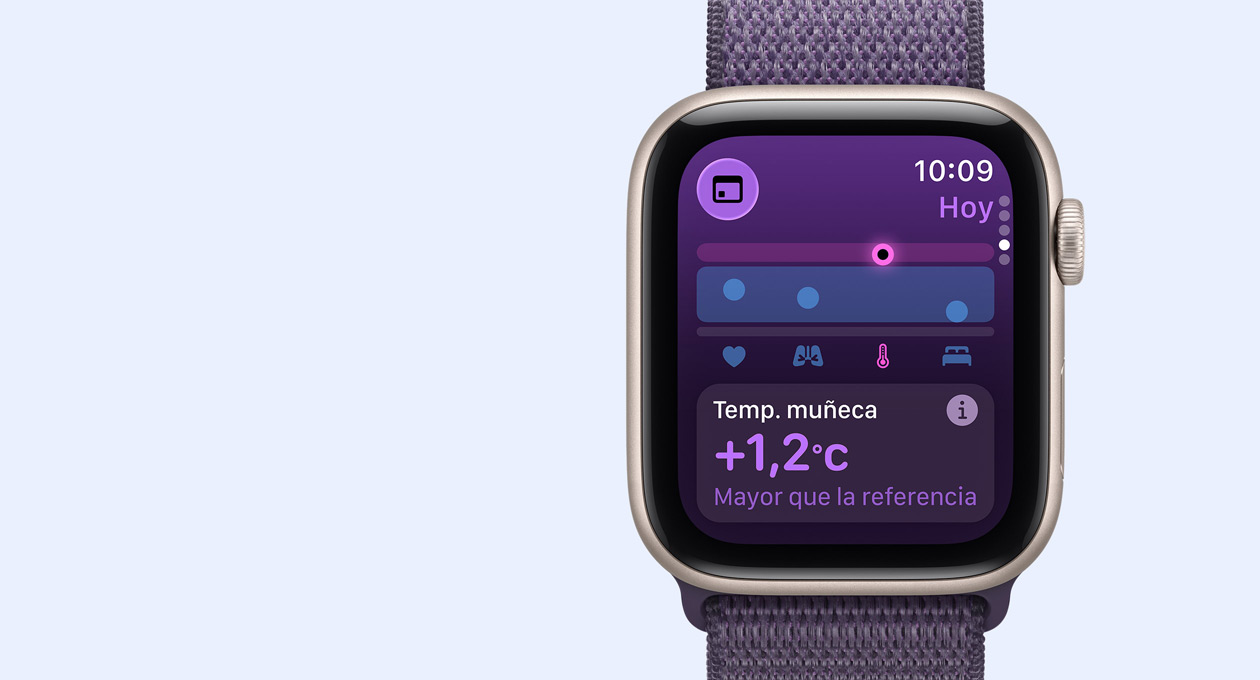 Apple Watch SE 3, caja de aluminio, color blanco estrella, datos de temperatura de la muñeca, lateral derecho, Digital Crown, correa Loop deportiva, color niebla lila