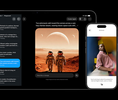 Apple Intelligence auf dem iPad 11 Pro zeigt Bilder von zwei Astronauten, die durch eine Marswüste laufen, und passt auf dem iPhone 17 Pro die Perspektive eines Fotos an.