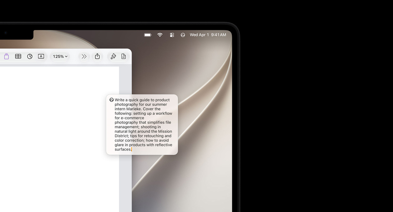 Esquina superior izquierda del MacBook Pro, la pantalla muestra un documento abierto en Pages, con una petición de Escribir con Siri para redactar un texto