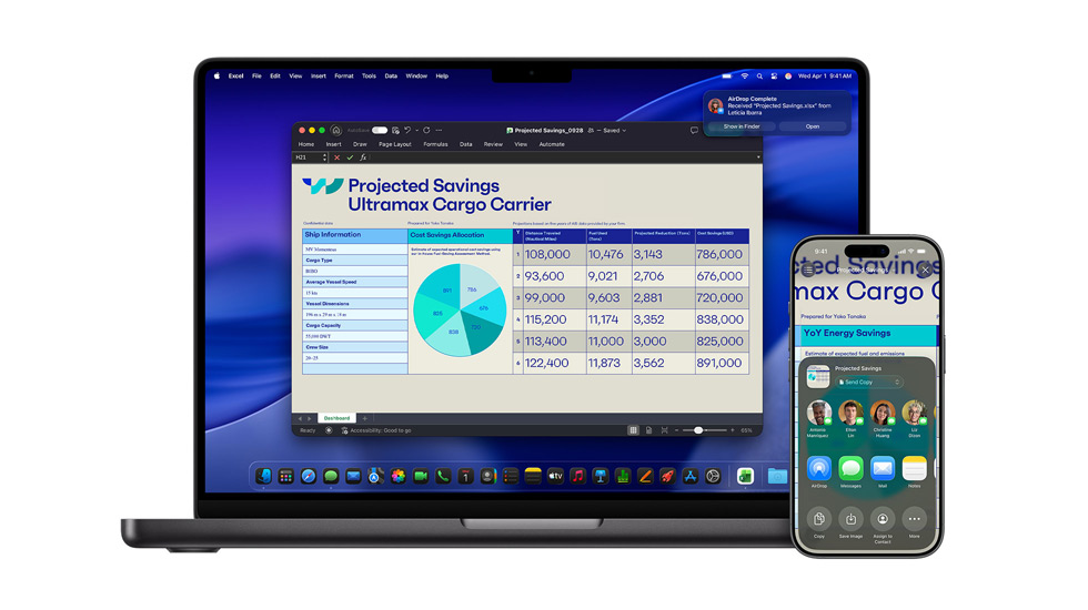 A Mac and iPhone displaying an Excel document. On Mac, the macOS Tahoe screensaver is in the background.