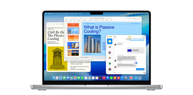 Demonstration af apps som Microsoft PowerPoint, Beskeder og Pages på 14" MacBook Pro.