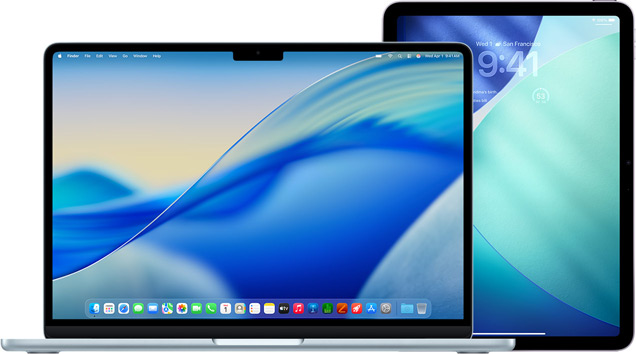 MacBook till vänster, iPad till höger, skärmar med liknande blå och grön bakgrundsbild.