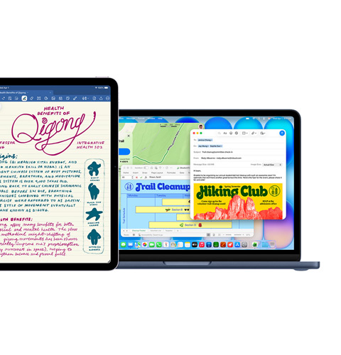 iPad-scherm toont Goodnotes, Mac-scherm toont verschillende apps die tegelijkertijd worden gebruikt