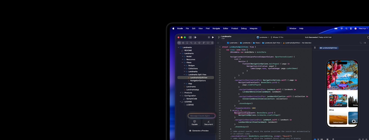 Xcode running on Mac, featuring AI coding assistant Claude Agent and app preview on iPhone