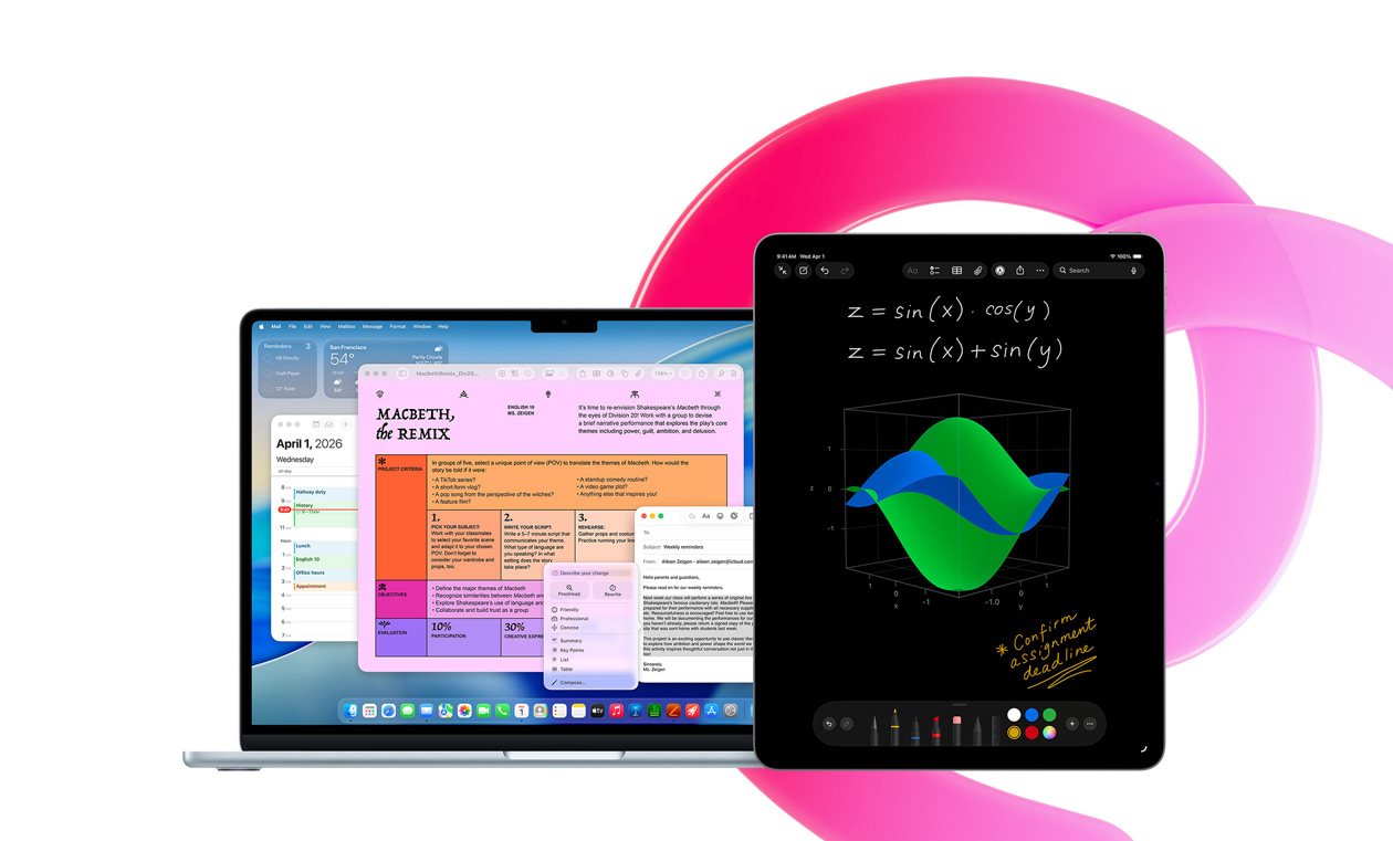 En MacBook Air med Pages, Kalender, Advarsel og Mail ved siden af en iPad med håndskrevne ligninger i Matematiknoter. Det viser produktiviteten med indbyggede apps.