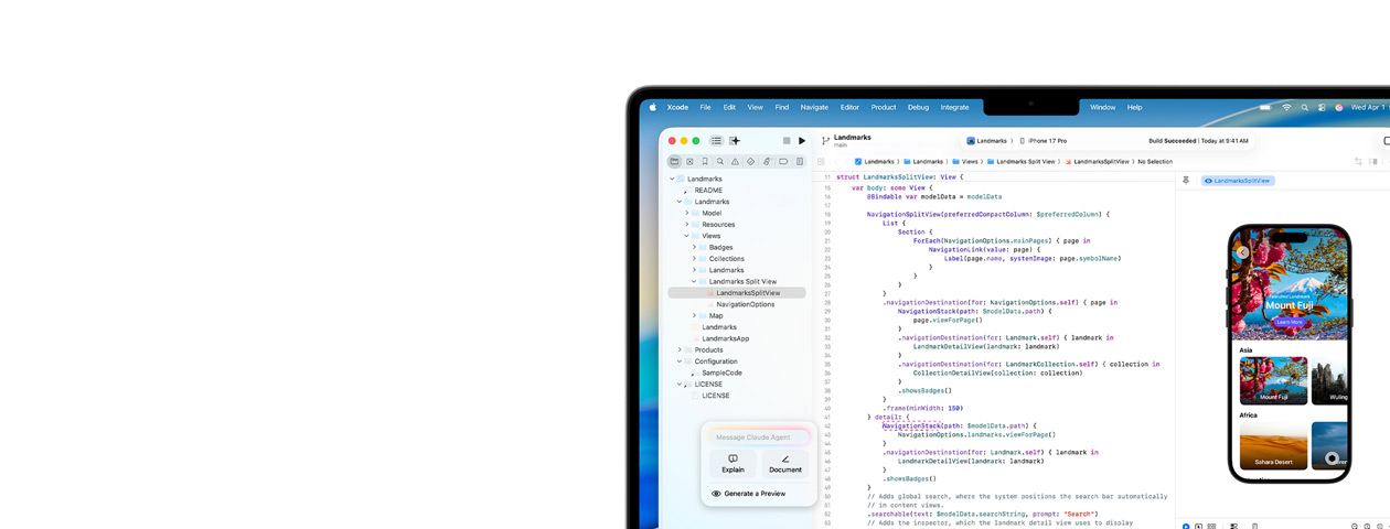 Macissa on käynnissä Xcode, jossa on tekoälyä hyödyntävä koodausavustaja Claude Agent ja apin esikatselu iPhonessa