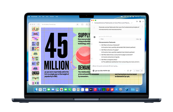 MacBookin näytöllä on Msty Studio ja mikrotaloustieteen opetuskortteja, jotka havainnollistavat laitteen tekoälyominaisuuksia