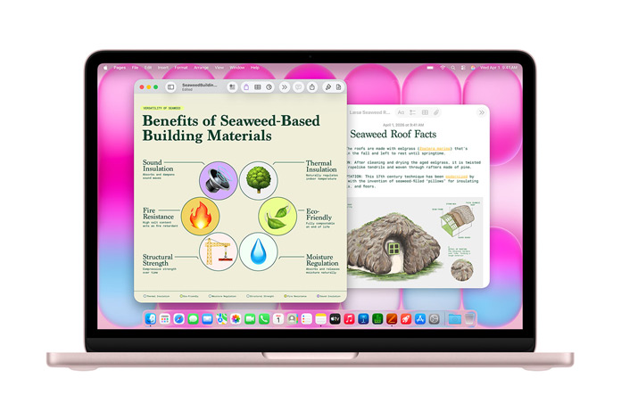 MacBook Neo, jossa on avoinna Pages- ja Muistiinpanot-apit, joissa esitellään merileväkattoa, suorituskykyä korostaen