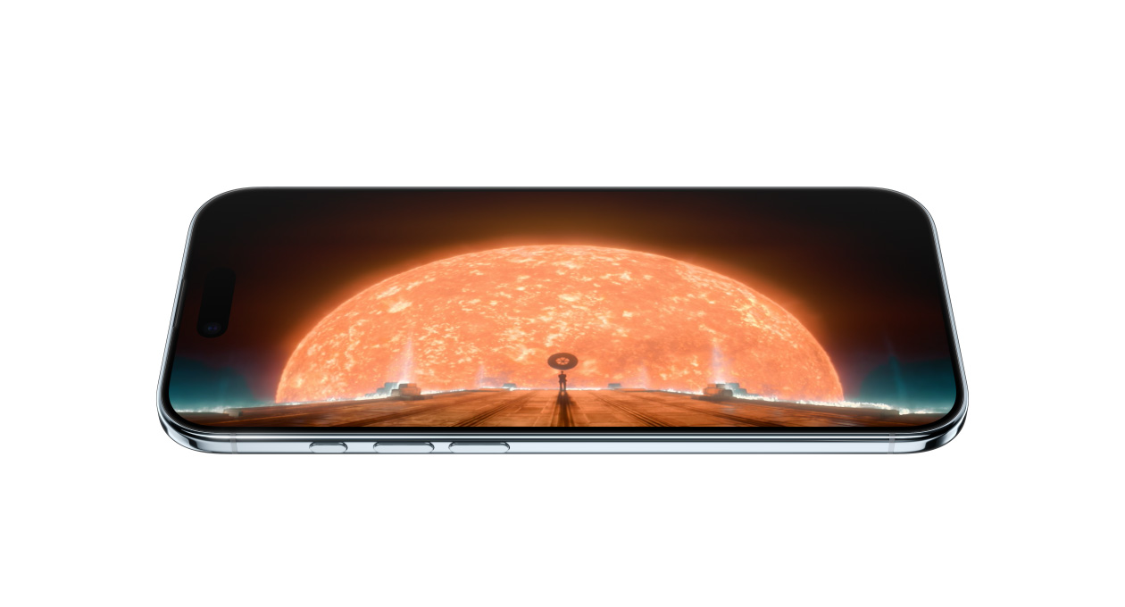 iPhone Air mostrato di fronte e di lato, con un fermo immagine della serie Fondazione su Apple TV