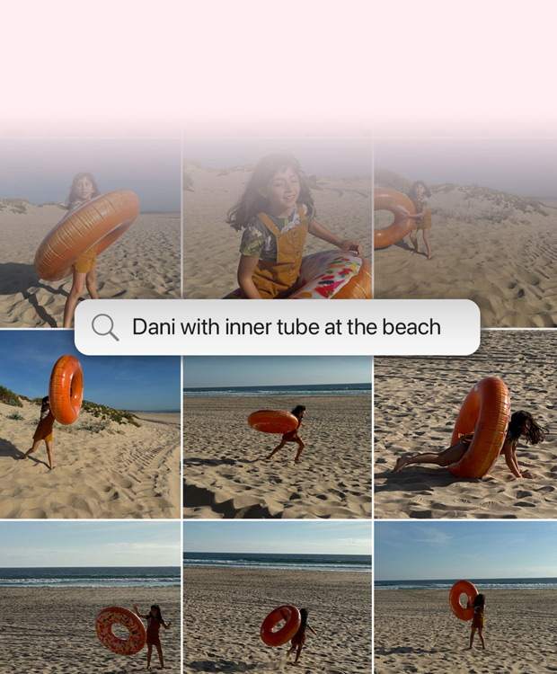 Demostración de prestación: búsqueda de fotos usando un lenguaje natural. Consulta de búsqueda en la app Fotos con resultados para la frase «Katie con pegatinas en la cara».