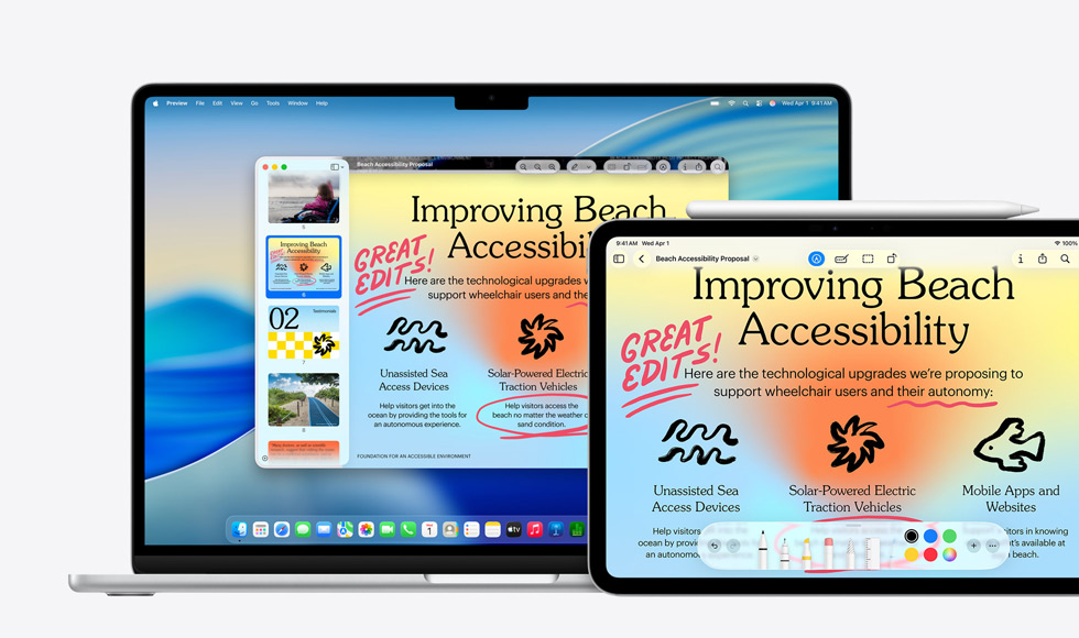 Flere Apple-enheder med det samme billede på dem alle: Brugeren har brugt en Apple Pencil til at lave markeringer på et billede på iPad, og markeringen vises på de andre enheder