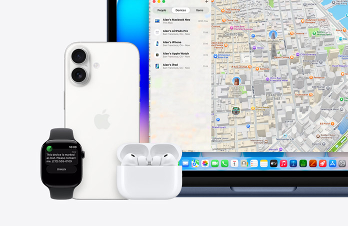 Apple Watch-skærm med teksten “Denne enhed er blevet væk. Kontakt mig venligst.” og et telefonnummer ved siden af iPhone, AirPods Pro og MacBook Neo i farven indigo, som viser Find-appen med et kort og en liste over enheder og deres placering