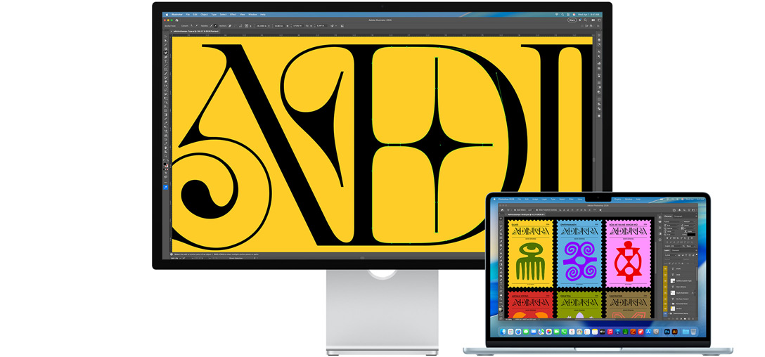Studio Display e un portatile Mac che mostrano un progetto con più programmi Adobe; sullo Studio Display viene ingrandito un testo nero su uno sfondo giallo intenso; il rivestimento antiriflesso riduce i riflessi