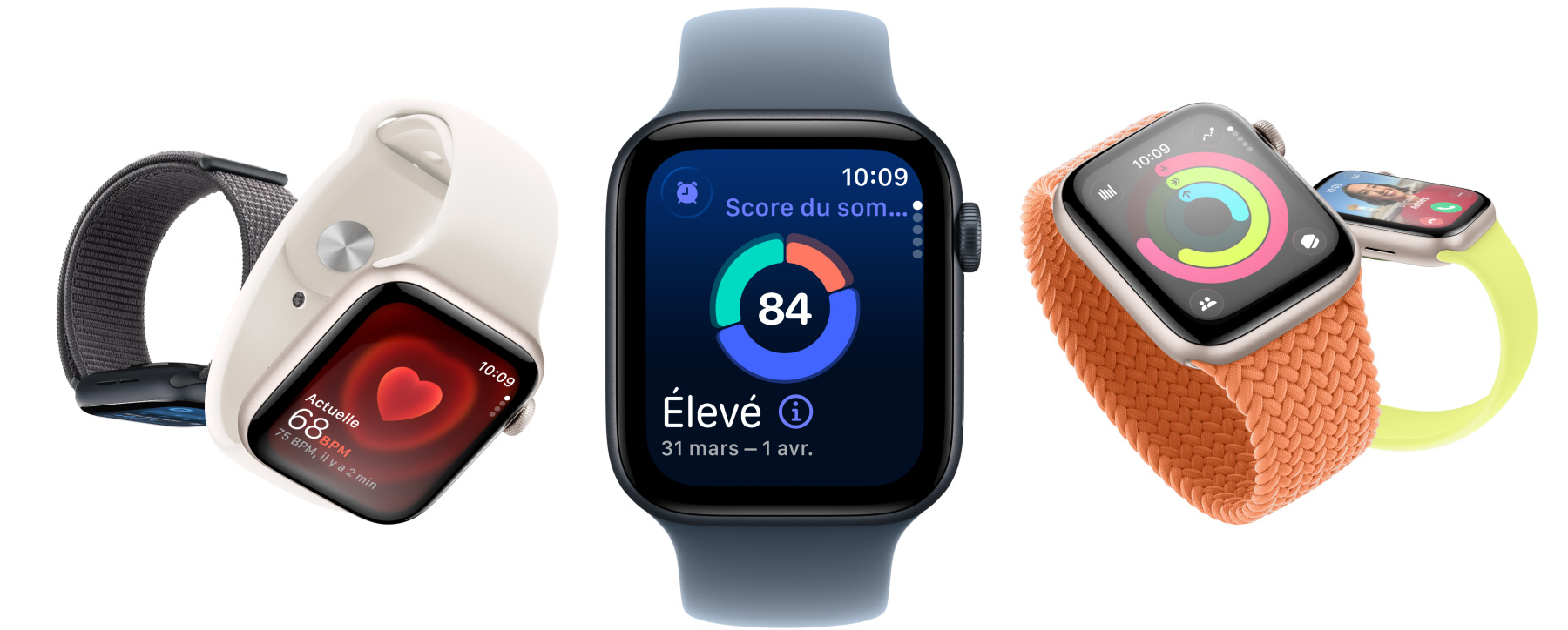 Apple Watch SE 3 avec boîtier en aluminium disponible en lumière stellaire et en minuit, affichant des apps telles que Signes vitaux, Fréquence cardiaque, score de sommeil, anneaux Activité et appel entrant