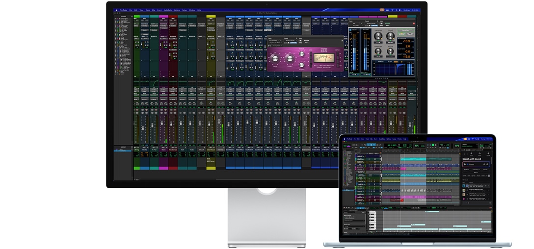 Egy Studio Displayen és egy Mac laptopon Pro Tools-munkamenet fut integrált Splice-funkciókkal, a nanotexturált üveg segít csökkenteni a tükröződést a program sötét témájú képernyőjén