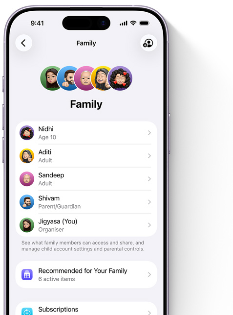 iPhone screen showing the Family page in Settings, Memojis of individual family members, each set against its own colourful circle, arrayed at the top, same Memojis in a list beneath them showing all members of the Family Sharing group