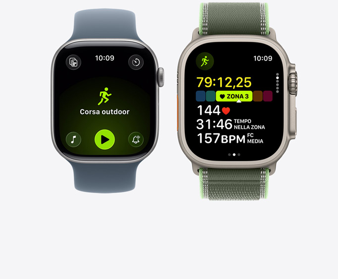 Apple Watch Series 11, cassa in alluminio, colore grigio siderale, allenamento Corsa outdoor attivo con i comandi di riproduzione di Apple Music, Apple Watch Ultra 3, cassa in titanio, colore naturale, allenamento Corsa attivo, frequenza cardiaca nella zona 3