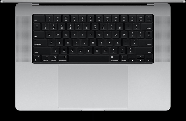16 colių „MacBook Pro“ su „Force Touch“ manipuliatoriumi po klaviatūra vaizdas iš viršaus