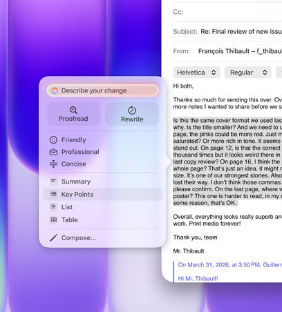 Tiek izmantoti Writing Tools, izceļot e-pastā lielu rindkopu, Writing Tools izvēlnē ir atlasīta Key Points opcija ar numurēta saraksta ikonu