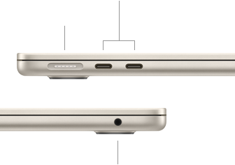 صورة للجانب الأيسر من جهاز MacBook&nbsp;Air وهو مغلق، تعرض منفذ&nbsp;MagSafe مع اثنين من منافذ ثندربولت، وللجانب الأيمن، تعرض مقبساً لسماعات الرأس