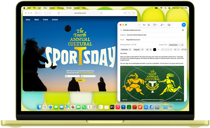 MacBook Neo, citrus colour, user is composing an email invitation to an art exhibit, website for the event open alongside