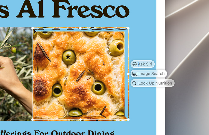 Po prawej stronie wyróżnionego obrazu oliwek zapieczonych w focaccii pojawiają się pola Inteligencji wizualnej: Ask Siri, Image Search, Look Up Nutrition