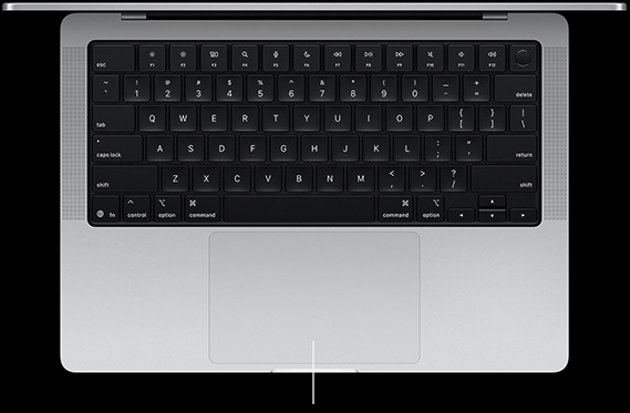  Vedere de sus în jos a unui MacBook Pro de 14 inchi deschis, prezentând trackpad-ul Force Touch situat sub tastatură