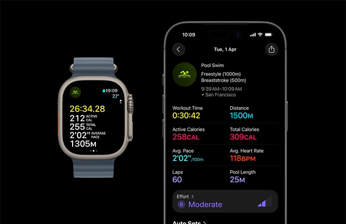 Apple Watch Ultra 3, prírodná farba, oceánsky remienok, oceľová modrá farba, aktívny plavecký tréning, väčšie rozdelenie ukazovateľov tréningu na iPhone