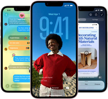 Tri iPhony 17e, na obrazovkách vidno apku Správy v dizajne Liquid Glass, dynamická zamknutá obrazovka a používanie funkcií Visual Intelligence