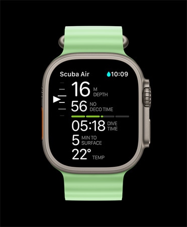 Apple Watch Ultra 3, natürel renk, titanyum kasa, Oceanic+ dalış ölçümleri: derinlik, dekompresyon süresi, dalış süresi, yüzeye varış süresi, su sıcaklığı, Ocean Kordon, neon yeşil renk