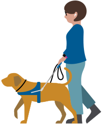 Pessoa com deficiência visual usando AirPods e caminhando com um cão de serviço.