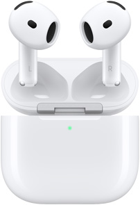 Atviras „AirPods 4“ įkrovimo dėklas su virš jo kybančiomis „AirPods“.