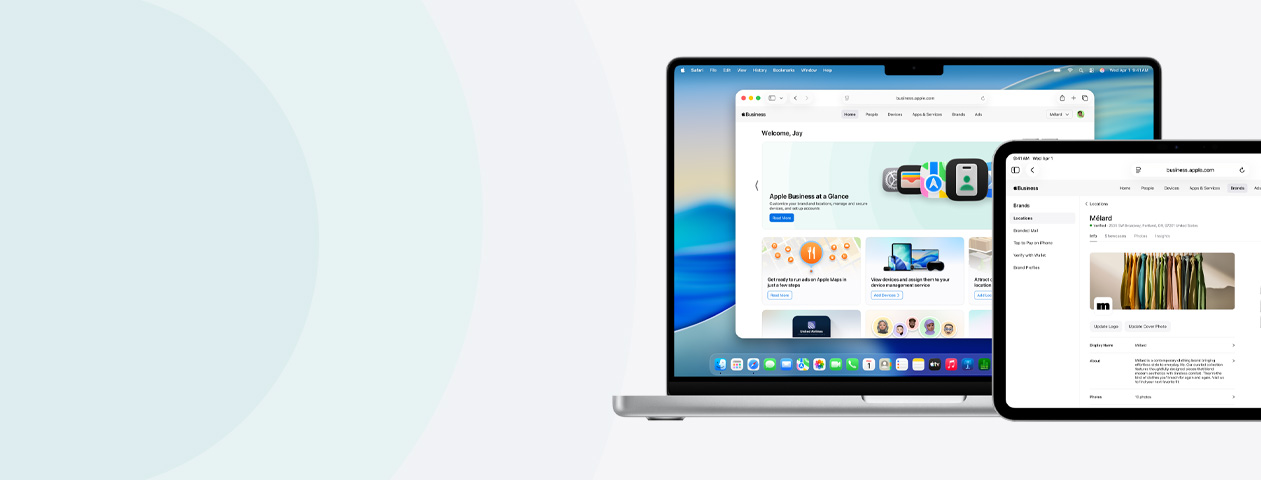 左方有一部打開的 MacBook Air，Safari 瀏覽器顯示 business.apple.com；右方有一部 iPad Pro ，顯示 business.apple.com；兩部裝置均展示 Apple Business 服務