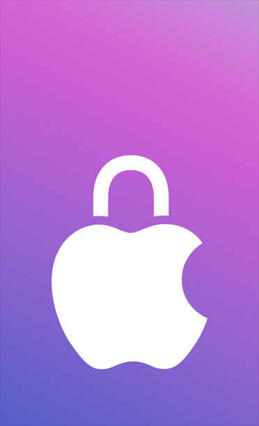 Apple 標誌上疊加一個掛鎖圖示，紫色漸變背景