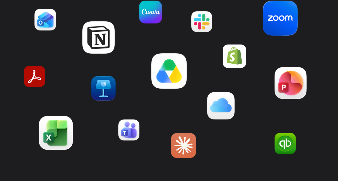 各款 app 圖示散佈在深色背景上：Microsoft Teams、Microsoft Excel、Canva、Shopify、Microsoft Powerpoint、Claude、Zoom、Notion、Keynote、Slack、Salesforce、Quickbooks、Google Drive、Acrobat Reader、Microsoft Outlook