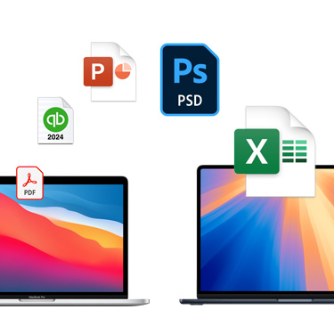 Vue avant de deux MacBook côte à côte avec des fonds d’écran colorés différents. Des icônes de fichiers sont affichées en arc de cercle au-dessus des MacBook. Parmi ces icônes figurent un fichier Acrobat, un fichier Quickbooks, un fichier PowerPoint, un fichier Photoshop et un fichier Excel.
