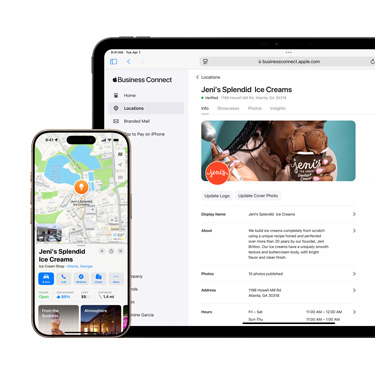 En iPad vist forfra med en bedrifts Apple Business Connect-plattform på skjermen. Foran iPaden er det en iPhone med bedriftens informasjon i Apple Kart.