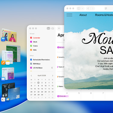 نوافذ وتطبيقات متعددة معروضة على شاشة نظام macOS&nbsp;Tahoe، وتشمل Keynote وPages والبريد وموقع ويب يعرض محتوى عن ملاذ تغمره السكينة.