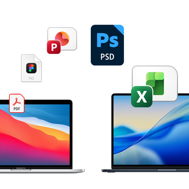 لقطة أمامية لاثنين من أجهزة MacBook جنباً إلى جنب مع خلفية غنية بالألوان ومختلفة لسطح المكتب. أيقونات ملفات معروضة على شكل قوس فوق جهازي MacBook. تشمل أيقونات الملفات ملف Acrobat، وملف Figma، وملف PowerPoint، وملف Photoshop، وملف Excel.