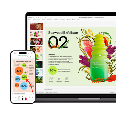 لقطة أمامية لجهاز Mac وجهاز iPhone يعرضان أقساماً مختلفة من عرض تقديمي واحد نابض بالحياة والألوان يتناول منتجاً للعناية بالبشرة.
