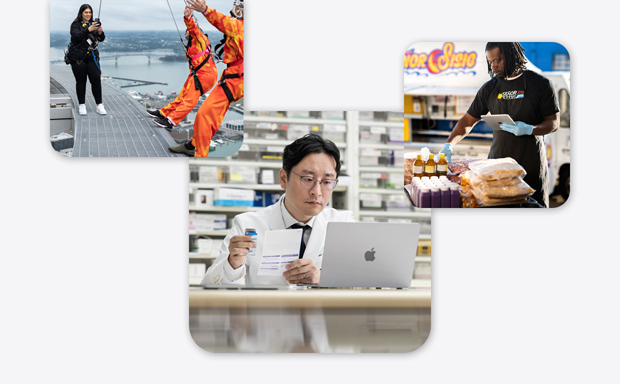 شركات صغيرة متنوعة، بما في ذلك صيدلي يرتدي زي المختبر ويتفاعل مع جهاز MacBook، ومدربة قفز بالحبال تلتقط صورة لشخصين على وشك القفز بواسطة iPhone، ورجل يحمل iPad أثناء تفاعله مع أصناف طعام.