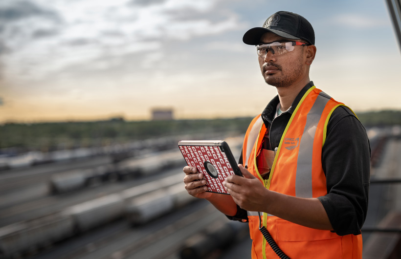 Integrante da equipe da ferrovia segura o iPad enquanto olha para frente, com grandes vagões ao redor
