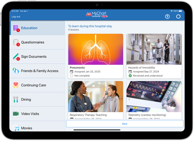 Interface de l’app MyChart Bedside d’Epic.