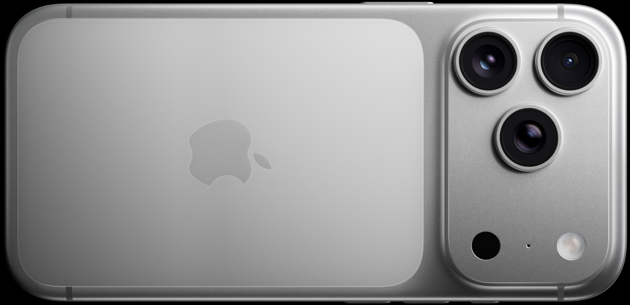 シルバーのiPhone 17 Pro、背面の外観。Pro Fusionカメラシステム、3つのレンズ、マイク、フラッシュ