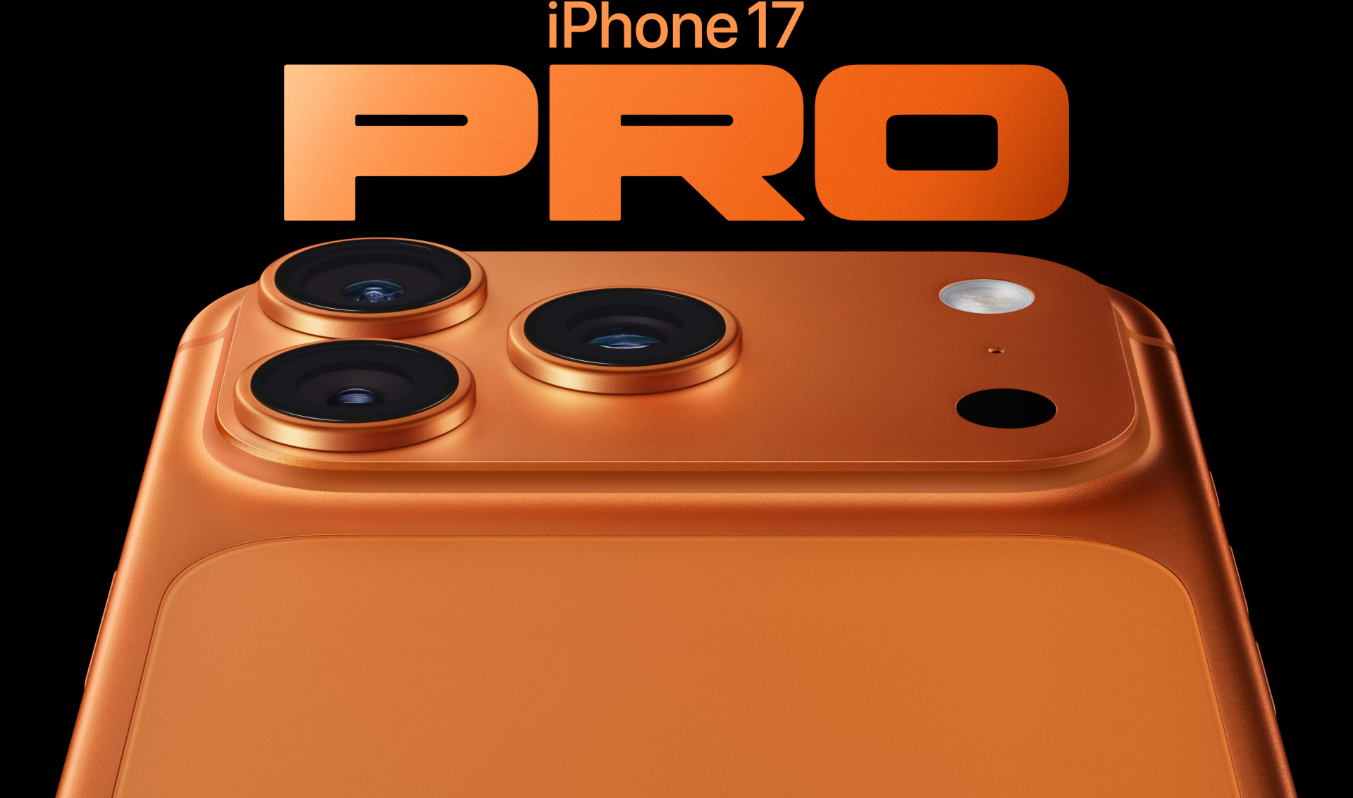 iPhone 17 Pro、コズミックオレンジの仕上げ。背面の一部。左上の隅にProのカメラシステム、3つのレンズ、マイク、フラッシュ
